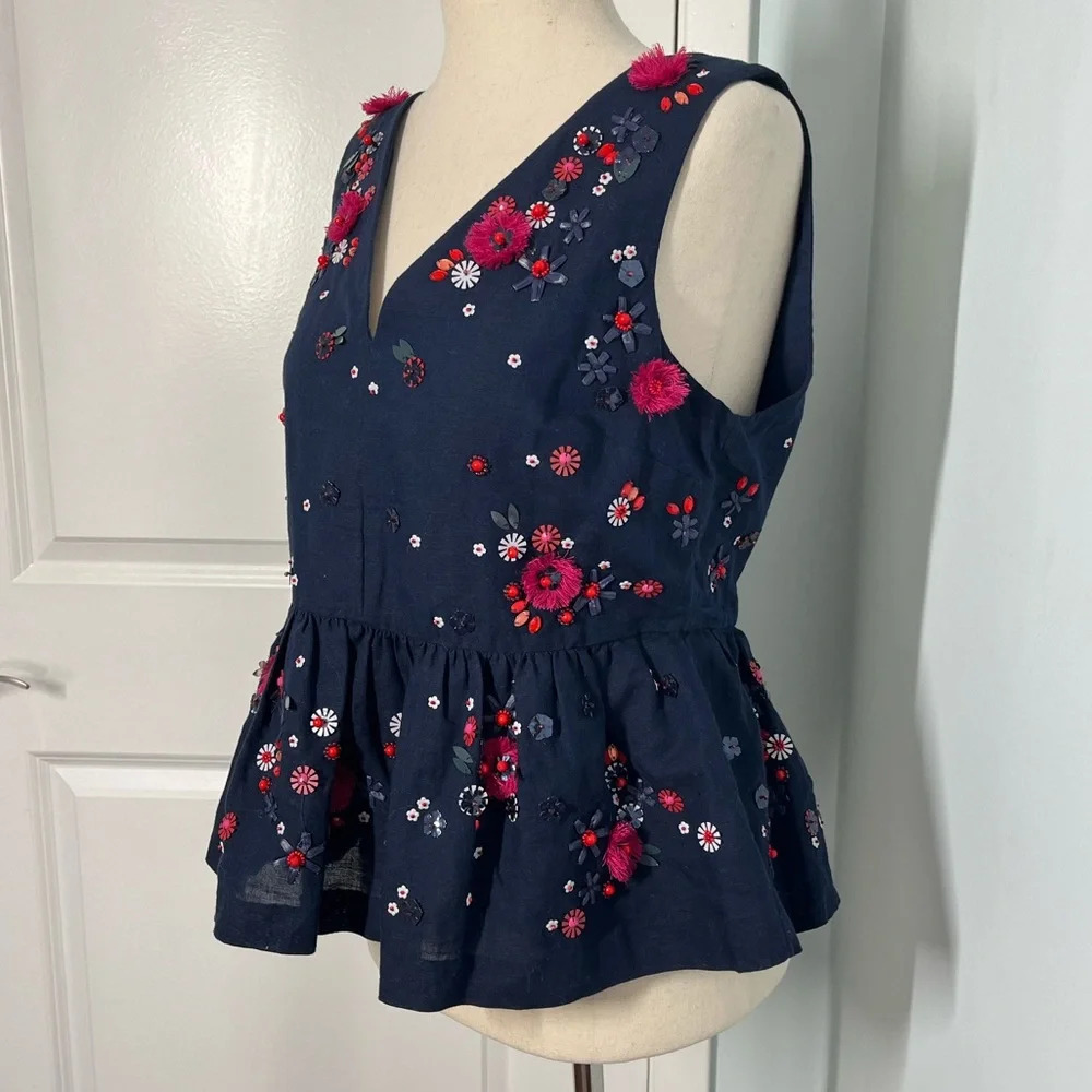 J.Crew Hand Embellished Peplum navy Top size 4 - Picture 9 of 10